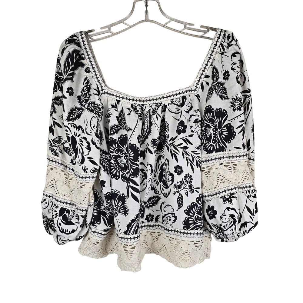 Christian Siriano Linen Blend Floral Crochet Lace Trim Peasant Top Large